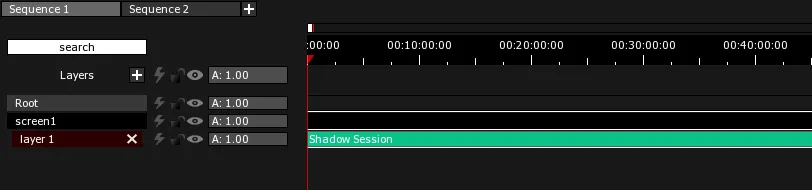 A Shadow Session Clip on layer 1 of screen1 in the Timeline, drawn in its default aqua.