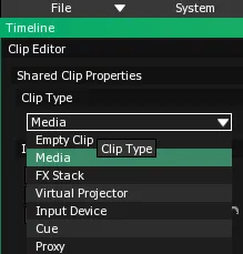 The Clip Type dropdown in Shared Clip Properties, open on the types from Empty Clip to Proxy, with Media highlighted.