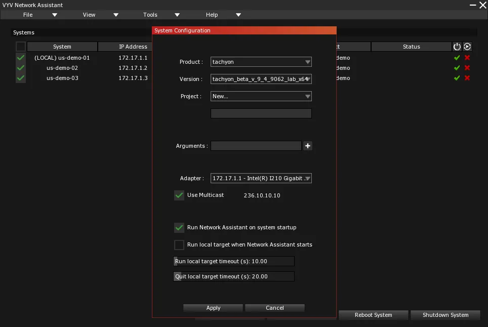 The System Configuration window: product, version, project, arguments, network adapter, multicast and startup options.