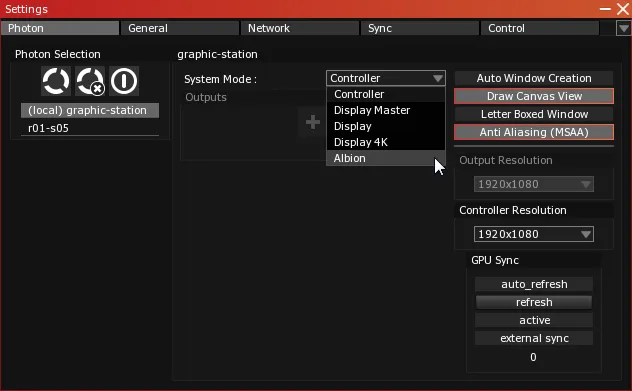The System Mode dropdown of the Photon tab: Controller, Display Master, Display, Display 4K and Albion, the pointer on Albion.