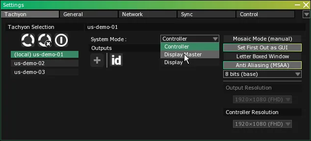 The System Mode dropdown of the Tachyon tab open on Controller, Display Master and Display, the pointer on Display Master.