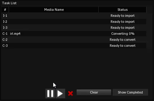 The Task List, with irl.mp4 on line C-1 at Converting 0% while the other import and convert lines are ready.
