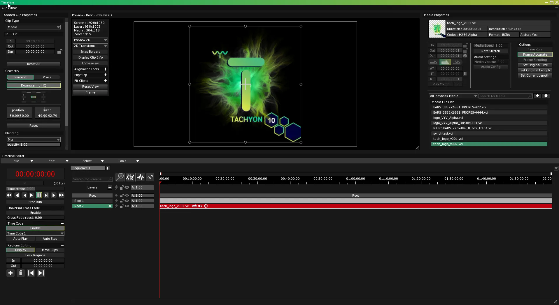 The Timeline, with the latest version, tach_logo_v002.vci, as a clip on layer Root 2 and shown in Media Properties.