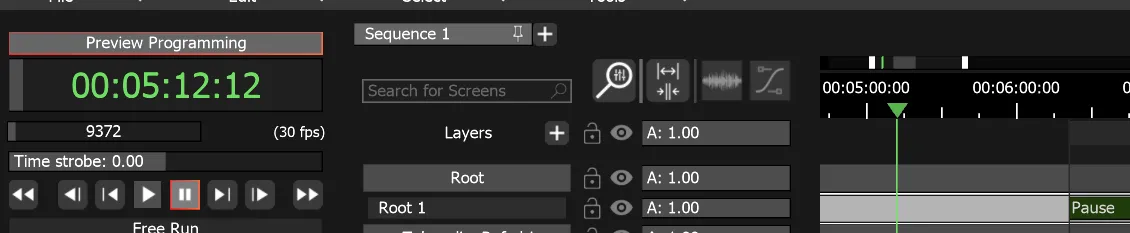 The Timeline Clock and the playhead, both green while Preview Programming is on.