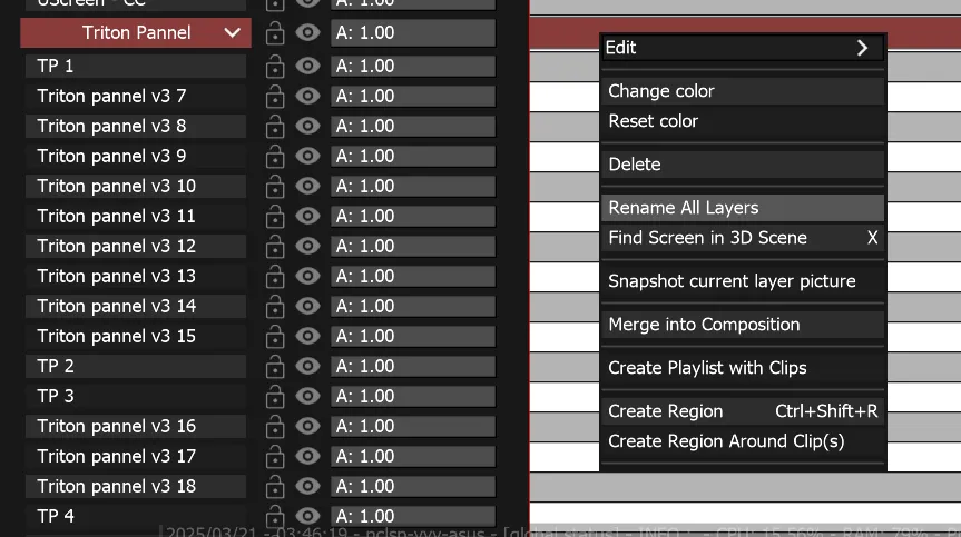 The context menu of the Triton Pannel screen layer with Rename All Layers highlighted, its layers still named unevenly.