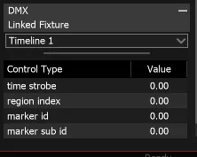 The DMX tab of the Timeline, with Timeline 1 chosen as Linked Fixture and its marker id and marker sub id values at 0.00.