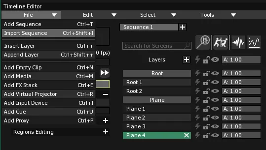 The Timeline Editor File menu, with Import Sequence (Ctrl+Shift+I) highlighted.