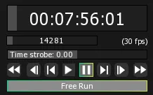 The Timeline Editor transport controls, with the Free Run toggle lit green once enabled.