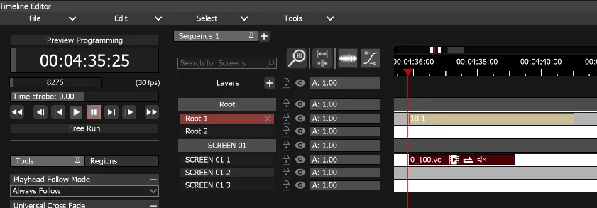 The Timeline Editor, with the playhead at the start of a Marker Clip labelled 10.1 on the Root 1 Layer.
