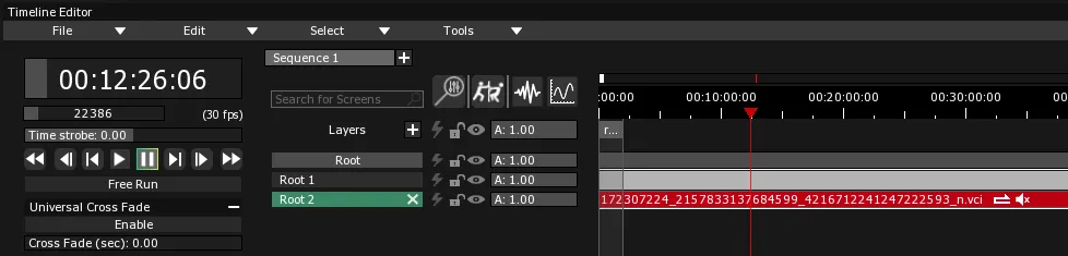 The Timeline Editor with the Root 2 layer selected and its image-based Clip in the track, the target for Color Correction.