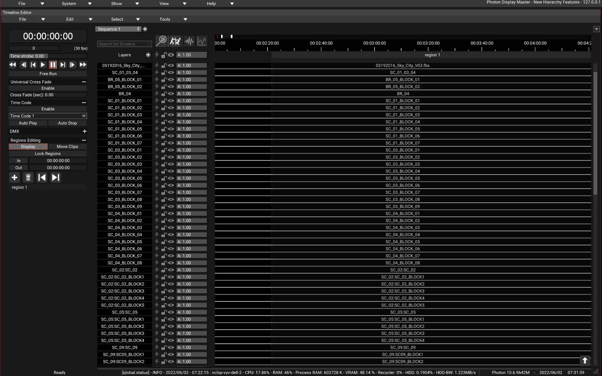 The Timeline Editor with one Screen per 3D object of the city in its Layers list: SC_01_BLOCK_01, SC_01_BLOCK_02 and dozens more.