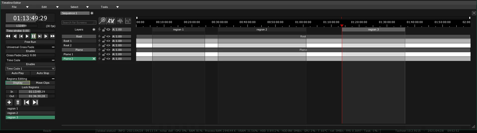 The Timeline Editor with empty tracks: the time ruler along the top, the Root and Plane Screens and their Layers down the left.