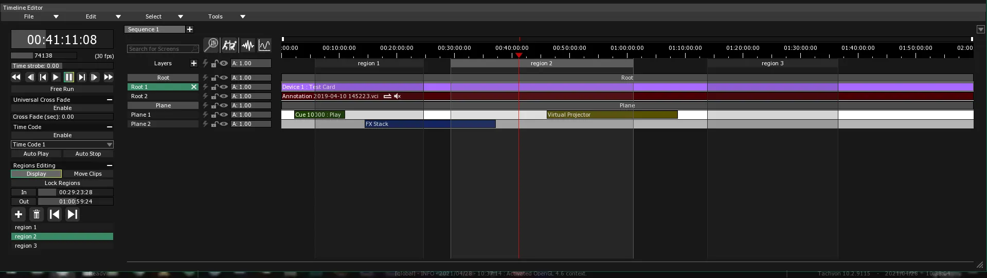 The Timeline Editor on Sequence 1, which holds the Root and Plane Screens, their Layers and Clips, and three regions.