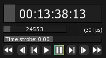 The Timeline Editor timecode display at 00:13:38:13 (frame 24553, 30 fps), above the transport buttons.