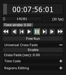 The Universal Cross Fade section of the Timeline Editor, with its Enable button and Cross Fade (sec) at 0.00.