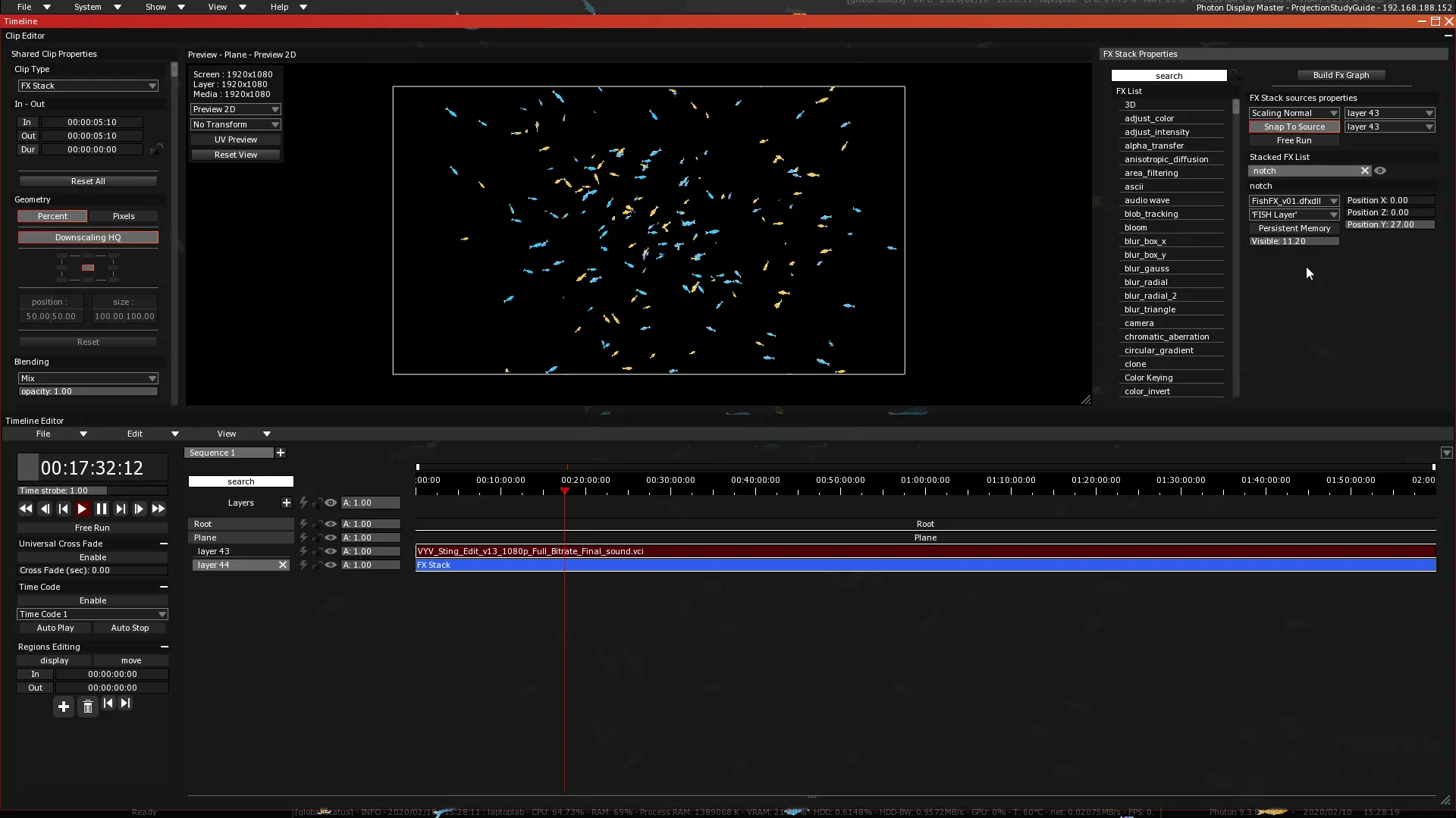 The Timeline with an FX Stack clip on the new layer 44, its Notch effect playing in the Clip Editor preview.