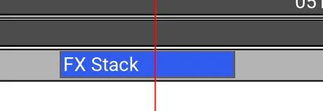 A layer of the Timeline Editor with its FX Stack clip selected in blue, crossed by the red playhead.