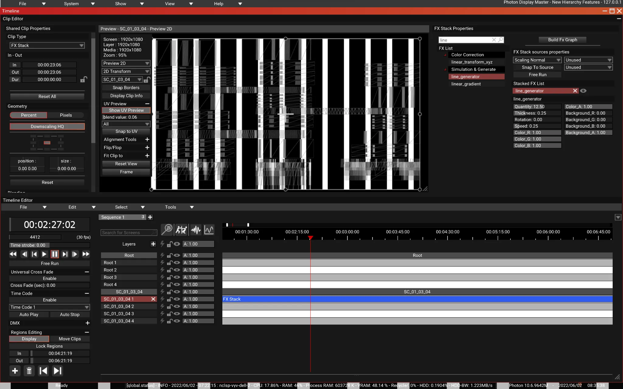 The Timeline module with one FX Stack clip on SC_01_03_04: its line_generator stripes cover the whole shared UV in Preview 2D.