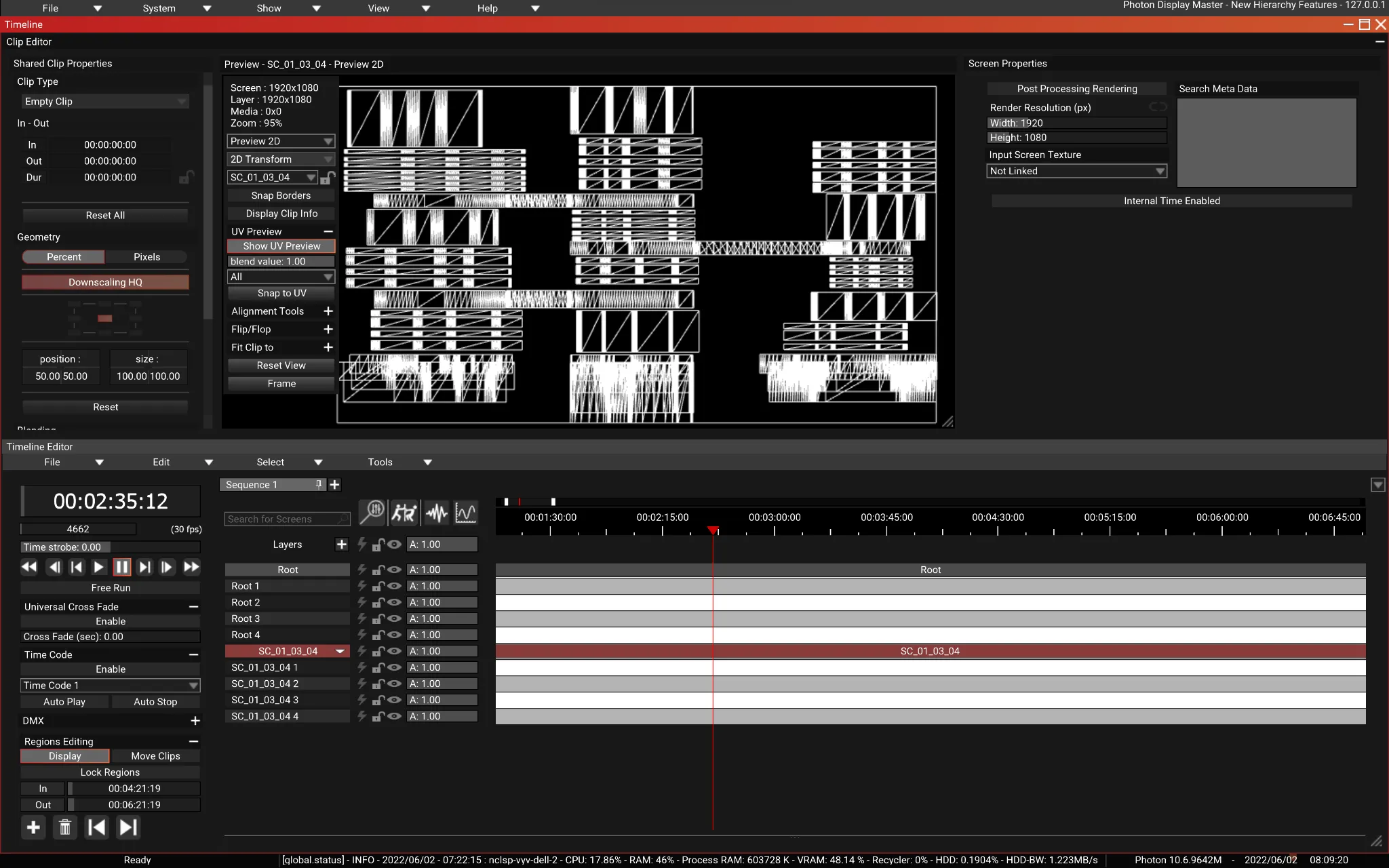 The Timeline once Parent is set: SC_01_03_04 is a single Screen with its own Layers, and its Preview 2D shows the whole shared UV.
