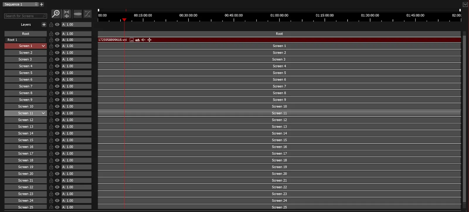 The Timeline, with a media clip on Root 1 and the layers Screen 1 to Screen 25 still empty.