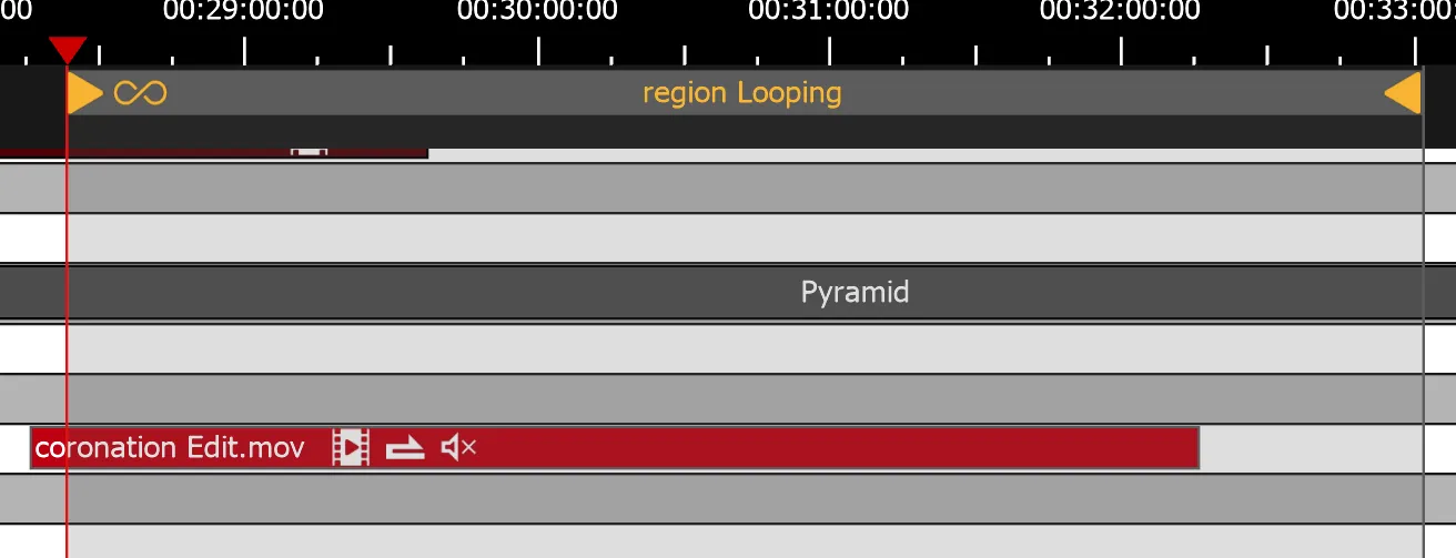 A looping region in the Timeline, shown in orange with the Möbius strip icon and a triangle at each end.