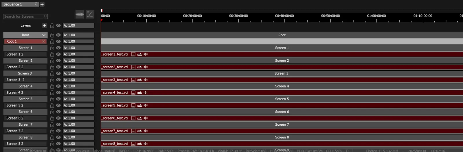The Timeline, with each _screenN_test.vci media clip created on a new layer under its matching Screen.