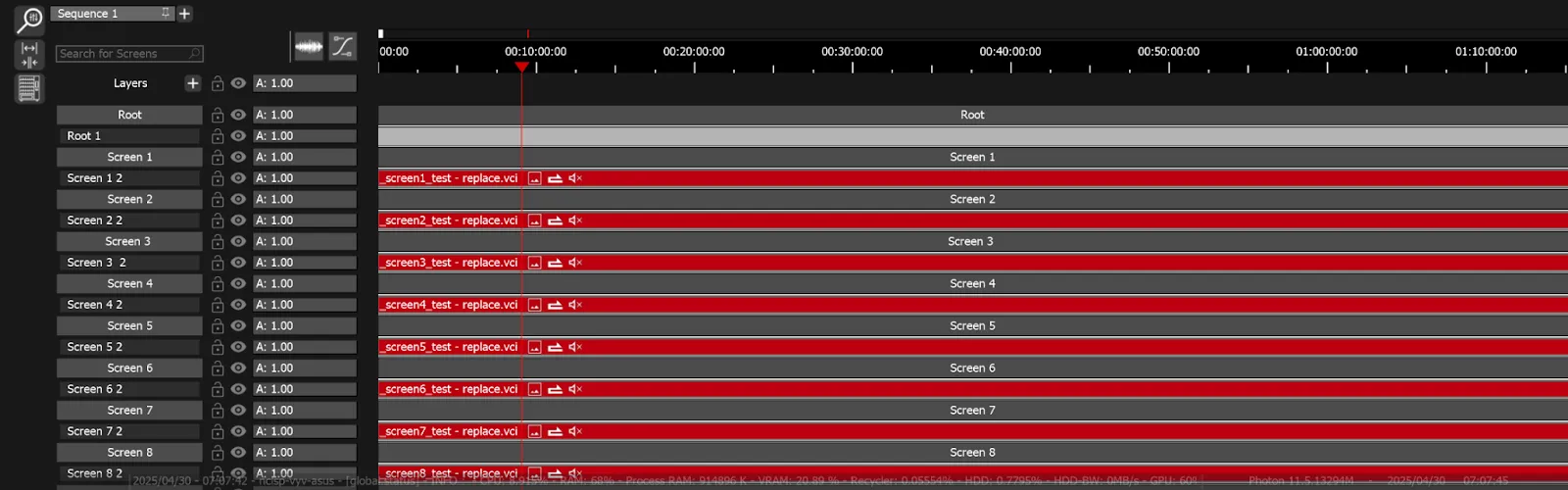 The Timeline after replacement, each Screen's clip now reading _screenN_test - replace.vci.