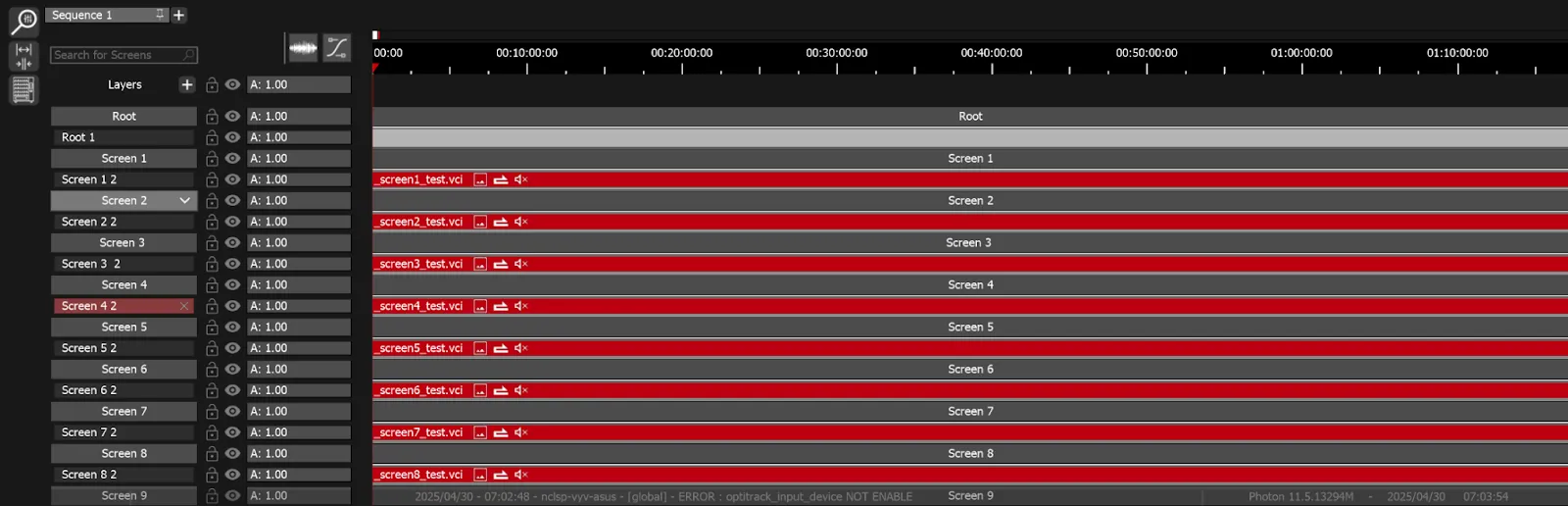 The Timeline, with the _screenN_test.vci media clips of every Screen selected before the replacement.