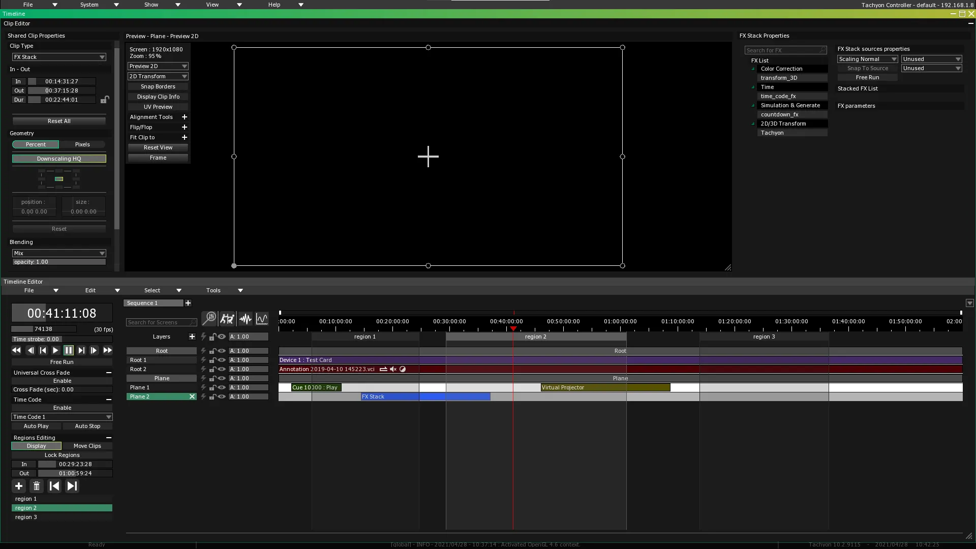 The Timeline module, with the Plane Screen's section holding Layers Plane 1 and Plane 2, and its Preview 2D in the Clip Editor.