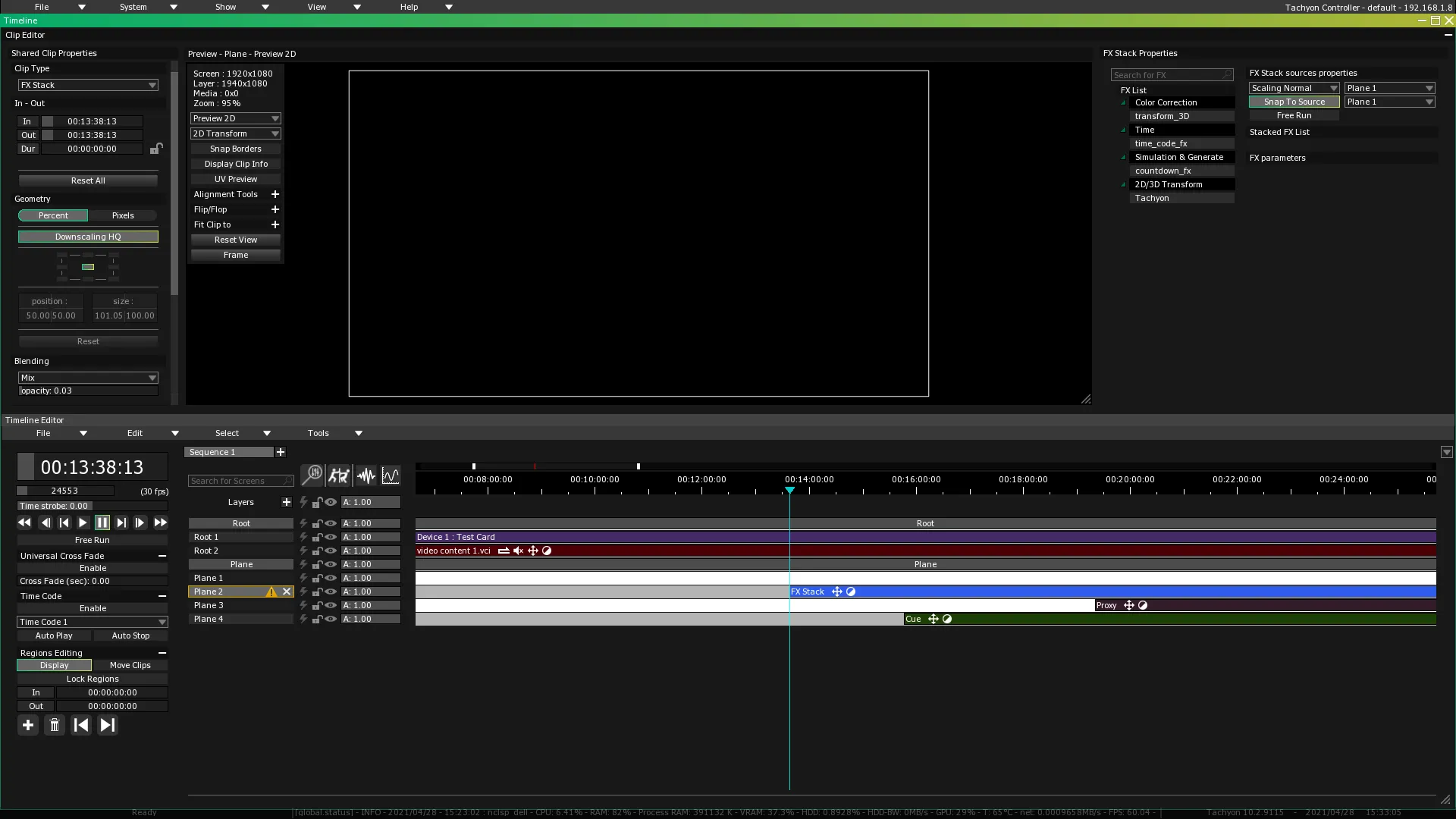 The Timeline module, with the Playhead turned cyan as it snaps to the start of the FX Stack clip on Plane 2.