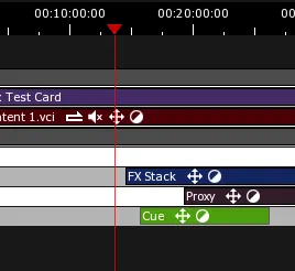 The Playhead, a downward-pointing red triangle on the Timeline ruler whose red line crosses the clips at the current time.