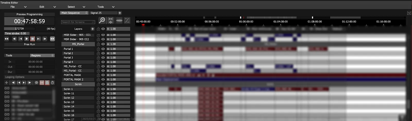 The same Timeline after Agglutinate, every clip and region after the playhead moved earlier to close the gap.