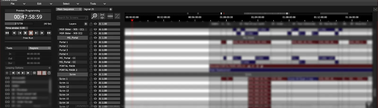 The Timeline Editor before the operation, playhead at 00:47:58:59 and the show's clips starting near 00:58:00 on every screen.