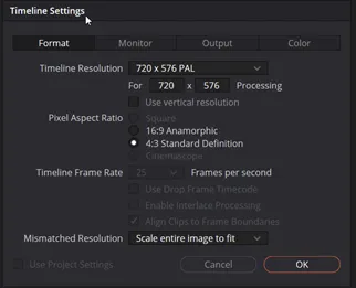 The Resolve Timeline Settings dialog on its Format tab, with Timeline Resolution at 720 x 576 PAL and Timeline Frame Rate at 25.