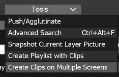 The Timeline Tools menu, with Create Clips on Multiple Screens highlighted at the bottom of the list.
