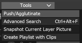 The Tools menu of the Timeline Editor open, with Push/Agglutinate as its first item.