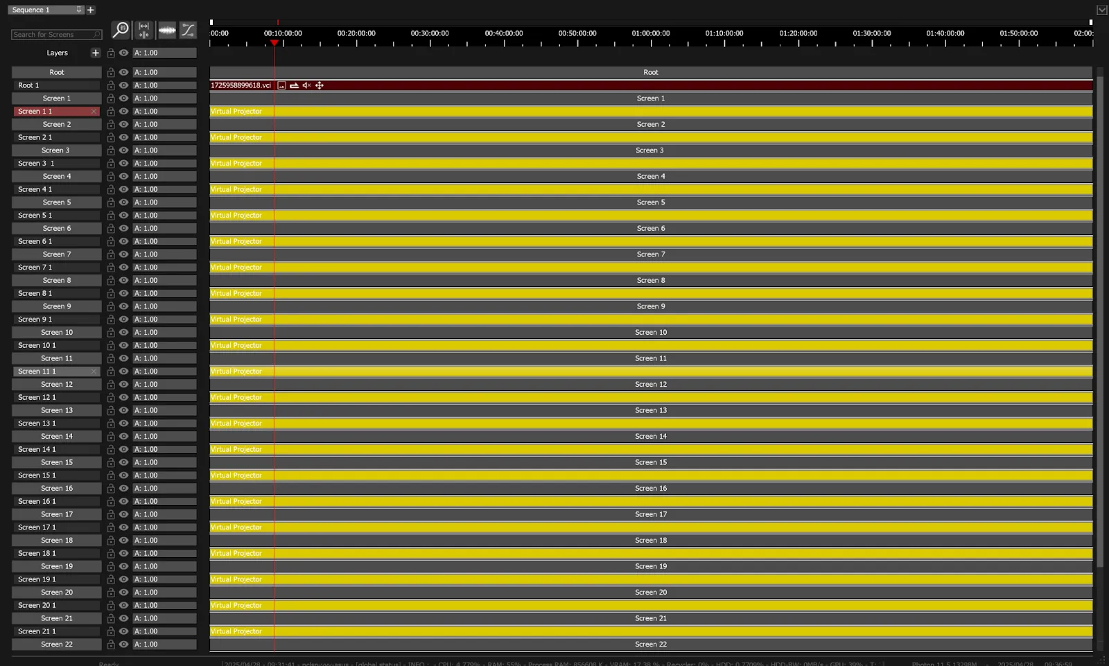 The Timeline after Create Clips, with a yellow Virtual Projector clip on a new layer under each Screen.