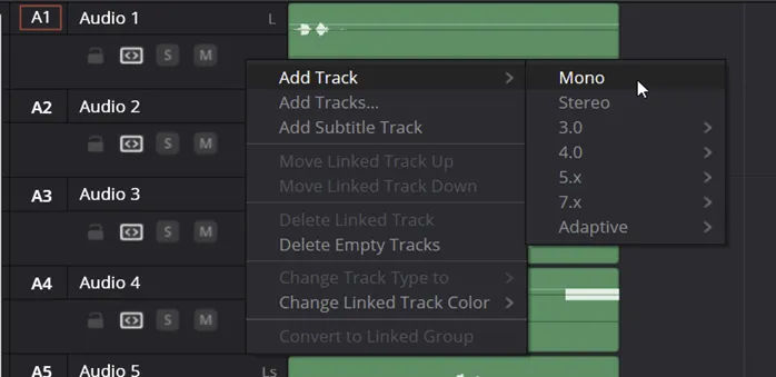 The right-click menu of the audio track headers, with Add Track open and Mono highlighted as the type of the new track.