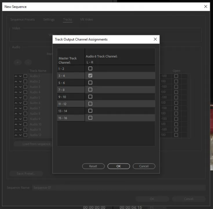 The Premiere Track Output Channel Assignments dialog, with Audio 6 routed to Master Track Channel 3-4.