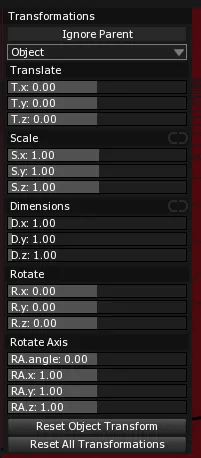The Transformations panel, with its Translate, Scale, Dimensions, Rotate and Rotate Axis sliders at their default values.