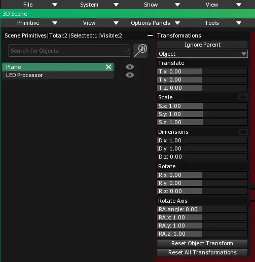The Transformations panel beside Scene Primitives, with the Plane selected and its sliders at their default values.