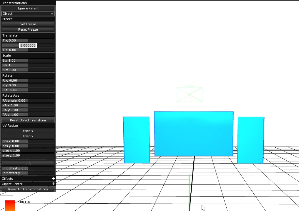 The Transformations panel for the Projector, with T.y being typed as 3 to raise it above the three Screens.