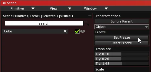 The Transformations panel for the selected Cube, with the cursor on Set Freeze, above Reset Freeze, in its Freeze section.