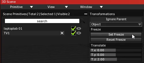 The Transformations panel, with the cursor on Set Freeze, above Reset Freeze, in its Freeze section.