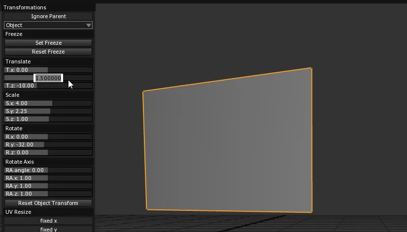 The Transformations panel, with R.y at -32.00 turning the Screen on its vertical axis, and T.y being typed as 1.5.