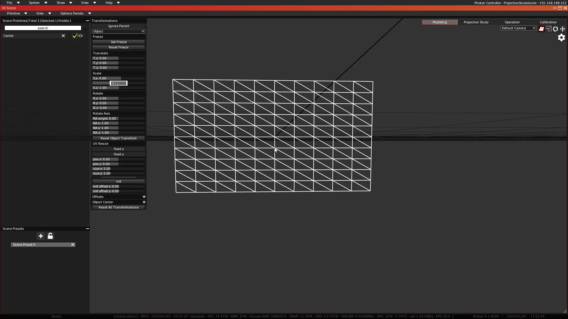 The Transformations panel for the Center Screen, with S.x at 4.00 and S.y being typed as 2.25 in the Scale section.
