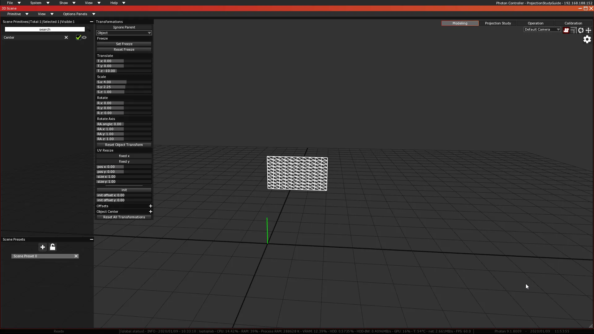 The Transformations panel, with T.z set to -10.00 so the Center Screen moves back from the origin.