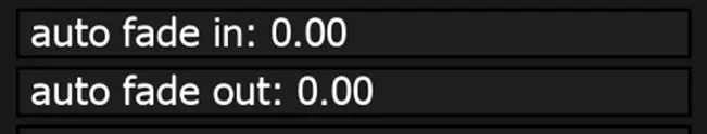The auto fade in and auto fade out sliders, both at 0.00, which fade the selected clips in or out without keyframes.