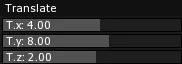Three 1D sliders under Translate, T.x, T.y and T.z, each showing its value over the bar of its range.