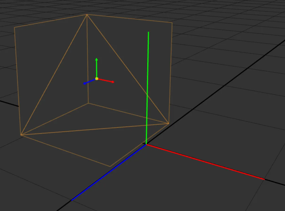 The Translate Manipulator on the cube corner: one arrow per axis, X red, Y green, Z blue, and a yellow dot that acts on all axes at once.
